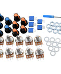 All In One Potentiometer Kit With 46 Pieces Including 1K To 100K Ohm Linear Rotary Taper Potentiometers Multi Turn Trimmers WH148 Knobs And A Mini Screwdriver Washers And Nuts For Do It Yourself Electronics Projects, showing components arranged on a white background.