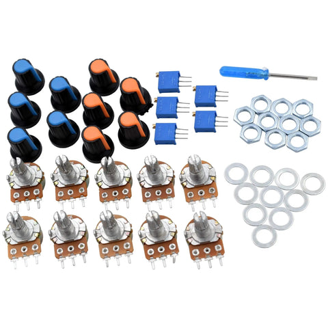 All In One Potentiometer Kit With 46 Pieces Including 1K To 100K Ohm Linear Rotary Taper Potentiometers Multi Turn Trimmers WH148 Knobs And A Mini Screwdriver Washers And Nuts For Do It Yourself Electronics Projects, showing components arranged on a white background.