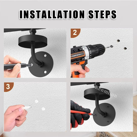 Installation steps for Heavy Duty Wrought Iron Stair Handrail Indoor Outdoor Rust Resistant Custom Length Grab Rail with tools.