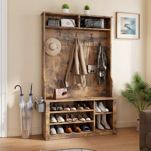 Rustic brown entryway hall tree with bench, 3-in-1 coat rack and shoe storage, top storage shelves, 7 hooks, space saver.