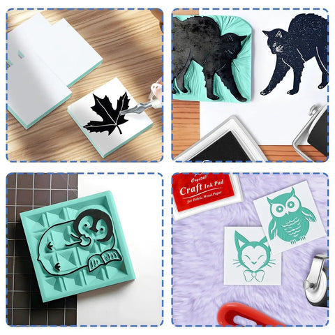 2x2 Inch Rubber Carving Blocks Stamp Making Kit For Beginners with ink pads, carving knife, wooden roller in white and green