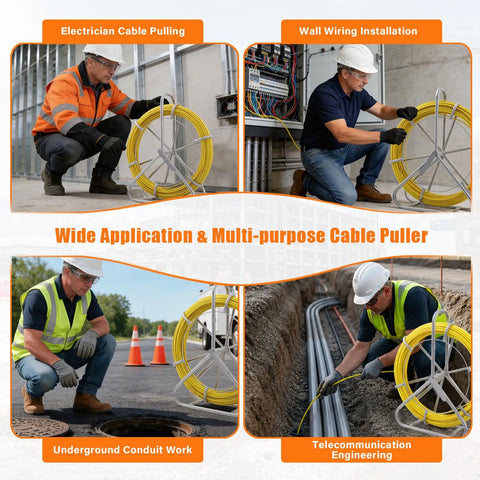 Fiberglass Fish Tape 656 Feet One Quarter Inch Duct Rodder Wire Puller Non Conductive Cable Running Rod With Pro Grade Heavy Duty Steel Reel Stand Minimum Thirteen Inch Bending Radius For Wall And Electrical Conduit Fishing Tool used for cable pulling