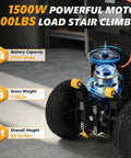 Heavy Duty Electric Stair Climbing Dolly With 1500W Motor shows motor details and yellow anti-slip tires for moving appliances.