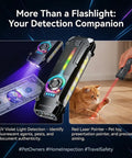 Ultra Flat Stainless Steel EDC Flashlight With 1800 Lumens USB C Rechargeable Pocket Light UV Blacklight Red Cat Light shown detecting UV on money and as cat laser pointer.