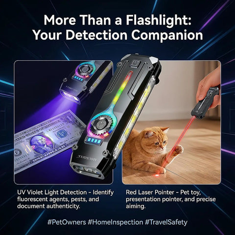 Ultra Flat Stainless Steel EDC Flashlight With 1800 Lumens USB C Rechargeable Pocket Light UV Blacklight Red Cat Light shown detecting UV on money and as cat laser pointer.