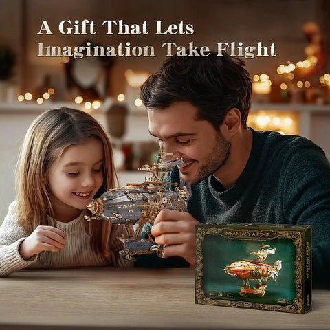 Father and daughter assembling LED 3D Wood Puzzle Airship Model For Teens And Adults Steampunk DIY Craft Kit With LED Lights Totally Epic Intricate Wooden Airship Build Fantasy Sky Craft Gray Edition