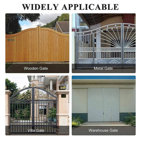 Various gates showcased: wooden gate, metal gate, villa gate, and warehouse gate for versatile applications.