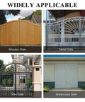 Image of various gates showing wooden, metal, villa, and warehouse types, demonstrating Heavy Duty Spring Loaded Gate Caster Wheel 4 Inch Red Polyurethane Roller for Wooden Fences Rolls Breezy 360 Swivel Shock Absorbing Frame Easy Install Hardware.