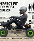 Rider on black Electric Go Kart For Adults And Teens, 48V 20Ah Battery, 2000W Motor, all terrain tires, size & fit specs.