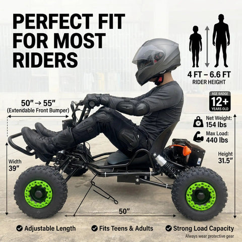 Rider on black Electric Go Kart For Adults And Teens, 48V 20Ah Battery, 2000W Motor, all terrain tires, size & fit specs.