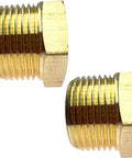 Two brass reducer bushings, 3/4 in NPT male to 1/4 in NPT female, hex threaded fittings.