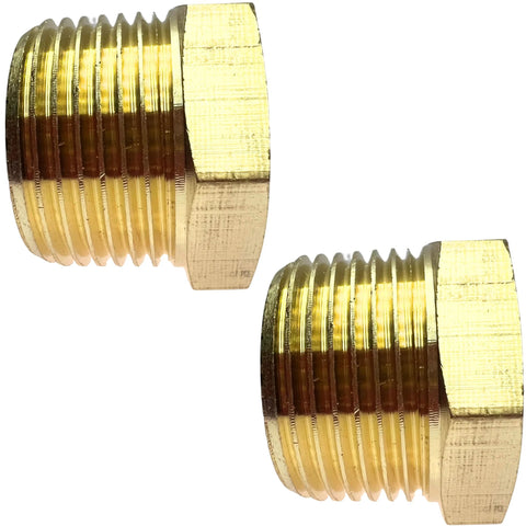 Two brass reducer bushings, 3/4 in NPT male to 1/4 in NPT female, hex threaded fittings.