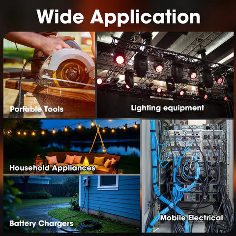 Wide application for Heavy Duty 30 Ft 16 AWG SOOW Cable with flexible conductors for tools, lighting, appliances, and electric setups.