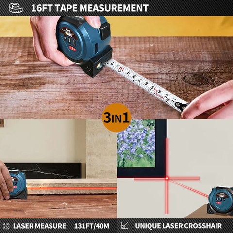 Three In One Laser Tape Measure And Rangefinder With AutoLock Digital LCD Distance Readout Up To 131 Feet 40 Meters Plus A 16 Foot Steel Tape For Quick Accurate Measurements Ideal For Renovations And DIY Projects, 16ft tape measuring wood