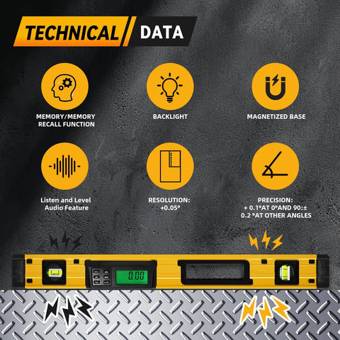 Technical data highlights of 24 Inch Digital Level Featuring A Slick LCD Display And Kickass Magnetic Back That Delivers Dang Precise Angle Readings For Tough DIY Renovation Projects And Daily Trade Work.