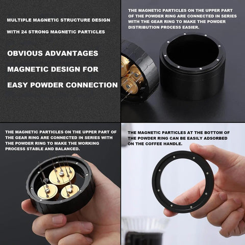 Geared Espresso Leveler And Magnetic Coffee Needle Distributor for 51 54 58mm portafilters showing magnetic design features and structure.