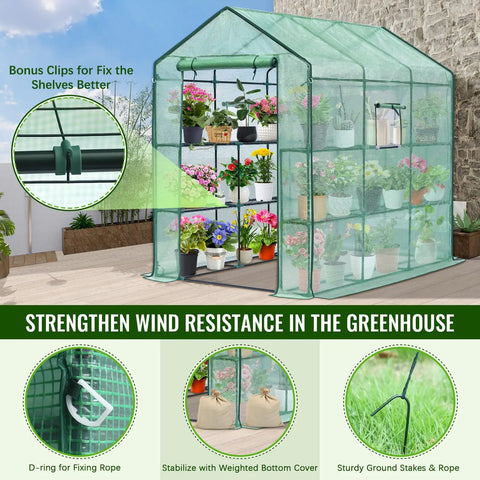 Walk In Backyard Greenhouse With Eight Shelves, Heavy Duty Portable Outdoor Greenhouse, Mesh Side Windows, Durable PE Cover, Protect Plants From Cold Rain Pests, Ideal For Indoor Outdoor Garden