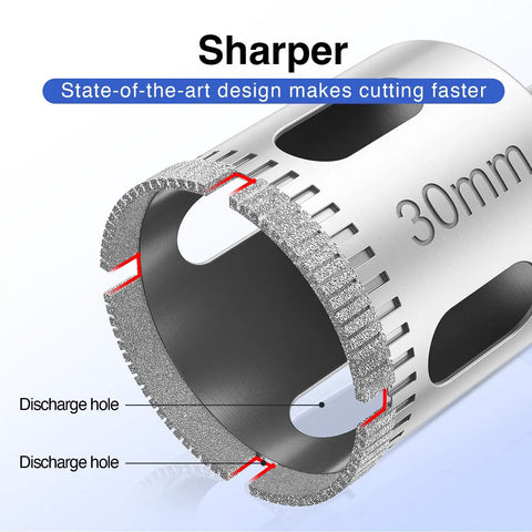Close-up of a 30mm diamond-coated hole saw from the Diamond Drill Bits Hole Saw Kit For Glass And Ceramic Tiles, Marble, Granite, Stone Bottles 6mm To 35mm 12 Piece Set With Diamond Coated Blades For Clean, Precise Cuts, showing discharge holes and sharp edges.