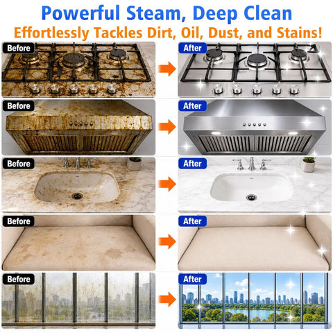 Before and after images showing powerful cleaning with Handheld Steam Cleaner For Home And Car, 2500W High Pressure Hot Steamer.