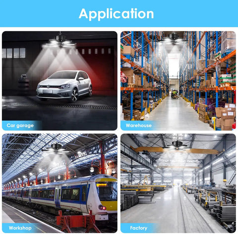 Applications of 160W Garage LED Light With 6 Adjustable Heads And 180 Degree Coverage Deformable Panel in various settings