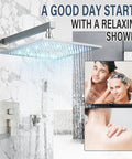 Brushed Nickel Shower System With 12 Inch LED Rainfall Shower Head, Brass Handheld Combo, LED rain shower in modern bathroom