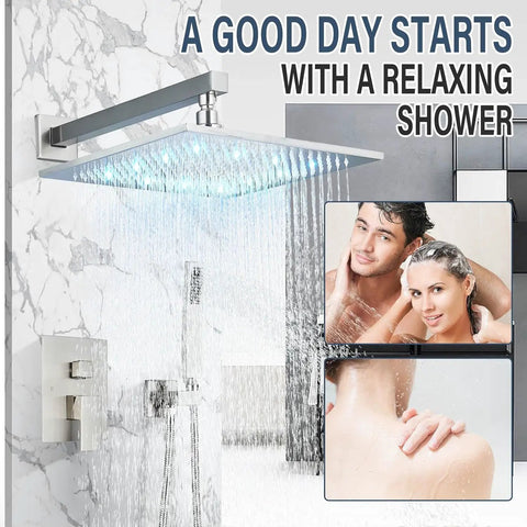 Brushed Nickel Shower System With 12 Inch LED Rainfall Shower Head, Brass Handheld Combo, LED rain shower in modern bathroom
