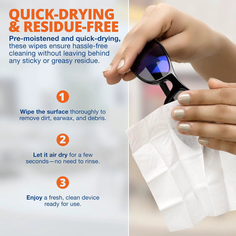 Side view: hearing aid cleaning wipes, 100 individually wrapped, pre-moistened, alcohol-free for electronics