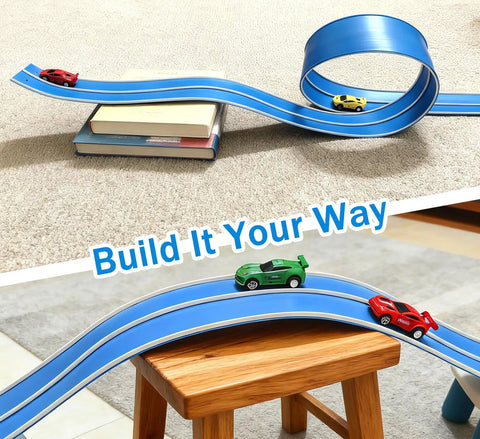 15 Ft Flexible Race Car Track Starter Set For Kids, Daytona Blue finish, on books and stool with four cars visible