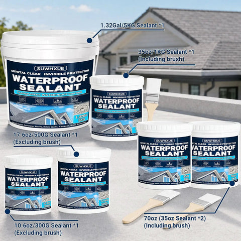Heavy Duty Clear Waterproof Sealant 5 Gallon Water Based Flexible Coating in various sizes for leak repair indoors and outdoors.