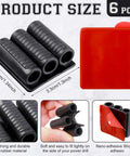 Six Pack Drill Bit Holder Holster With High Strength Adhesive shown in black rubber with red adhesive backing, size details included.