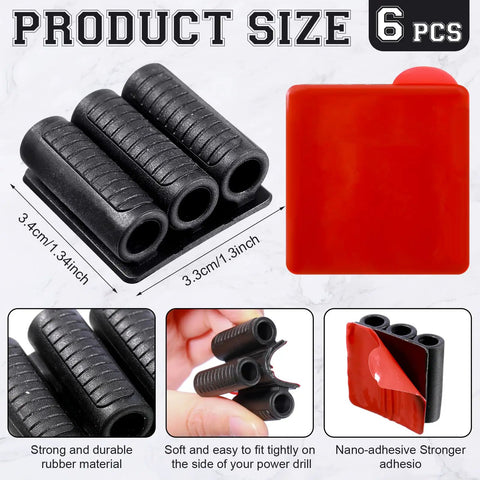 Six Pack Drill Bit Holder Holster With High Strength Adhesive shown in black rubber with red adhesive backing, size details included.