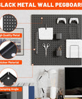 Heavy Duty Black Metal Pegboard Panels Set, 6 Pack 12 By 12 Inch Wall Organizer installed with office supplies hanging