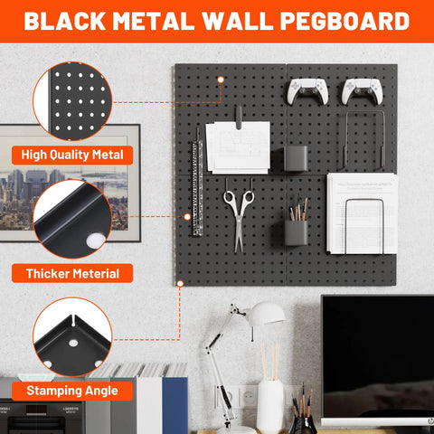 Heavy Duty Black Metal Pegboard Panels Set, 6 Pack 12 By 12 Inch Wall Organizer installed with office supplies hanging