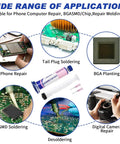 No Clean Solder Flux Paste For Electronics Soldering With Desoldering Wick shown with various applications in electronics repair