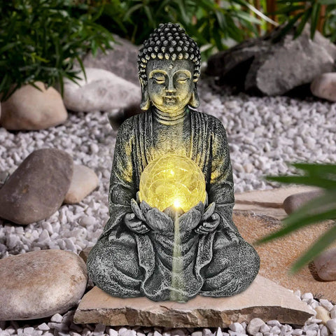 Dope Zen Solar Buddha Statue With Cracked Glass Ball Light For Indoor Outdoor Garden Balcony Patio Yard Decor Eco Friendly Solar Powered Peaceful Vibe Gift Idea in a garden setting