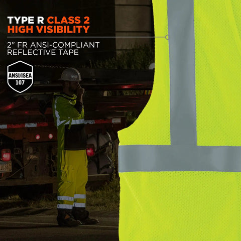 Worksite Ready Flame Resistant Safety Vest For Adults Type R Class 2 High Visibility Lime Mesh With FR Reflective Tape.