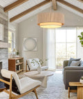 Plug In Pendant Light 18 Inch Rattan Chandelier With Handwoven Hemp Rope And White Fabric Shade Featuring Extra Long Power Cord Good Vibes, cozy living room setting.