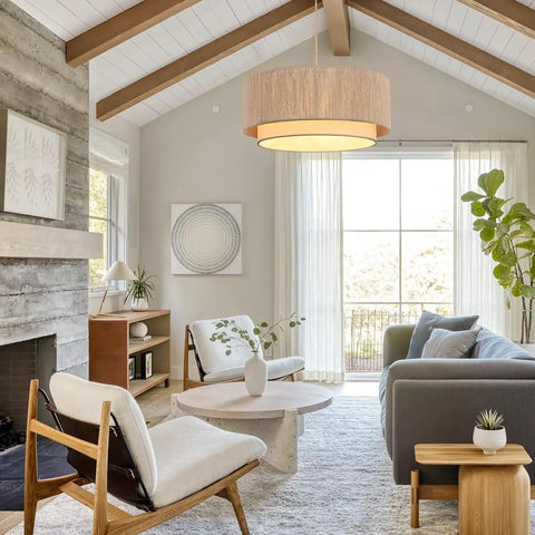 Plug In Pendant Light 18 Inch Rattan Chandelier With Handwoven Hemp Rope And White Fabric Shade Featuring Extra Long Power Cord Good Vibes, cozy living room setting.