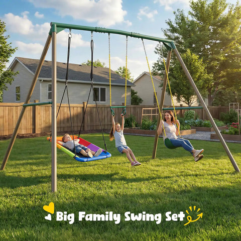 9.5 Foot Tall Swing Set For Backyard Setup With Platform Swing And Trapeze Bar Heavy Duty Metal Frame Green And Brown Outdoor