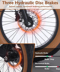 Close-up of 4.0 fat tires with glowing hydraulic disc brakes on Electric Tricycle For Adults Foldable 3 Wheel With 1350W Peak Motor