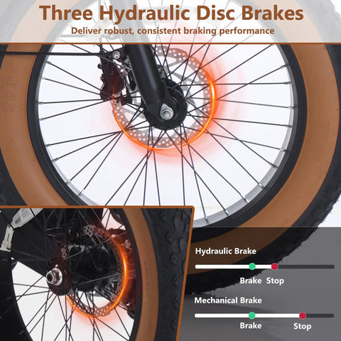 Close-up of 4.0 fat tires with glowing hydraulic disc brakes on Electric Tricycle For Adults Foldable 3 Wheel With 1350W Peak Motor