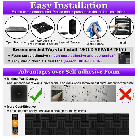 Installation guide for Dope Thick Acoustic Foam Panels 12 Inch Square 2 Inch Deep Pack Of 52, showing foam preparation and adhesive options.