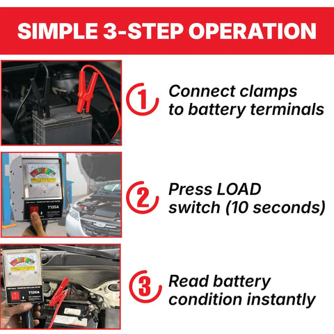 135 Amp Battery Load Tester For Cars, Motorcycles, And Marine Batteries 6V 12V Automotive Charging System Analyzer With Easy Read Gauge And Copper Jaw Clamps, Quick 10 Second Battery Health Check, Rugged Pro Grade Diagnostics. 3-step use on car battery