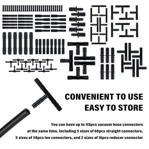 115-piece car vacuum hose connector kit, black plastic, includes straight, tee and reducer joints in 12 sizes