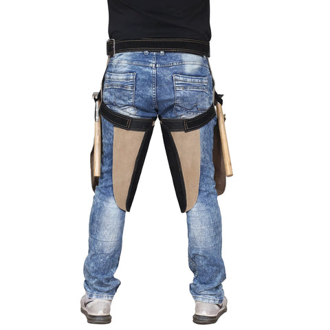 Heavy Duty Farrier Apron Chaps for Men with cowhide suede leather, canvas, 25 inch length, side knife pockets, magnetic closures, hammer loop.