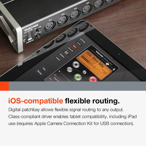 Rackmount USB Audio And MIDI Interface For Recording With 16 Mic Or Line Inputs And 8 Outputs, shown with control software on tablet.