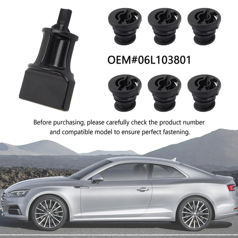 Six Piece Engine Oil Drain Plug Kit With Removal Tool Replacement OEM 06L103801 For Volkswagen And Audi Vehicles shown with car