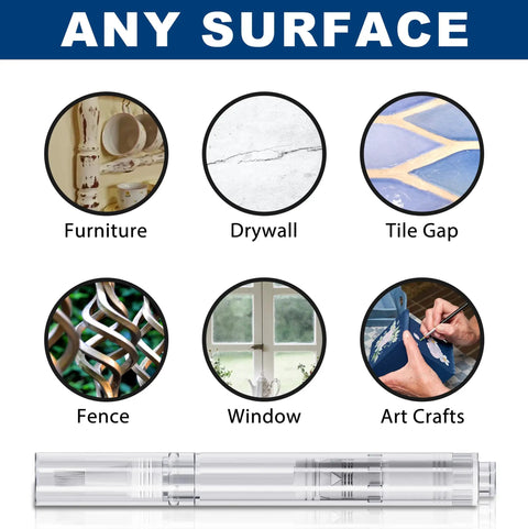 Translucent Touch Up Paint Brush Pen Set Of 3 for quick fixes shown with examples like furniture, drywall, tile gaps, fence, and more