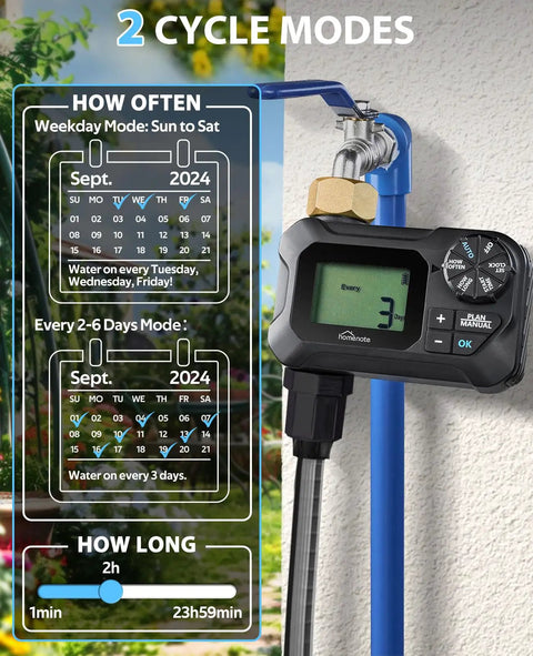 Digital display and settings panel of Programmable Garden Hose Water Timer With Rain Delay, auto and manual watering modes, two cycling options.