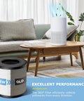 Room setting with air purifier and 3-In-1 Replacement Filter For FULMINARE PU-P05 And Purivortex AC201B Air Purifiers visible on table.
